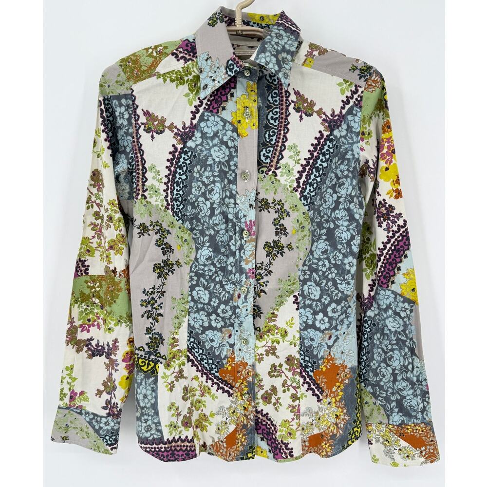 Etro Floral Patchwork Button Down Shirt Blouse Green Gray Purple 38 US 2 NEW